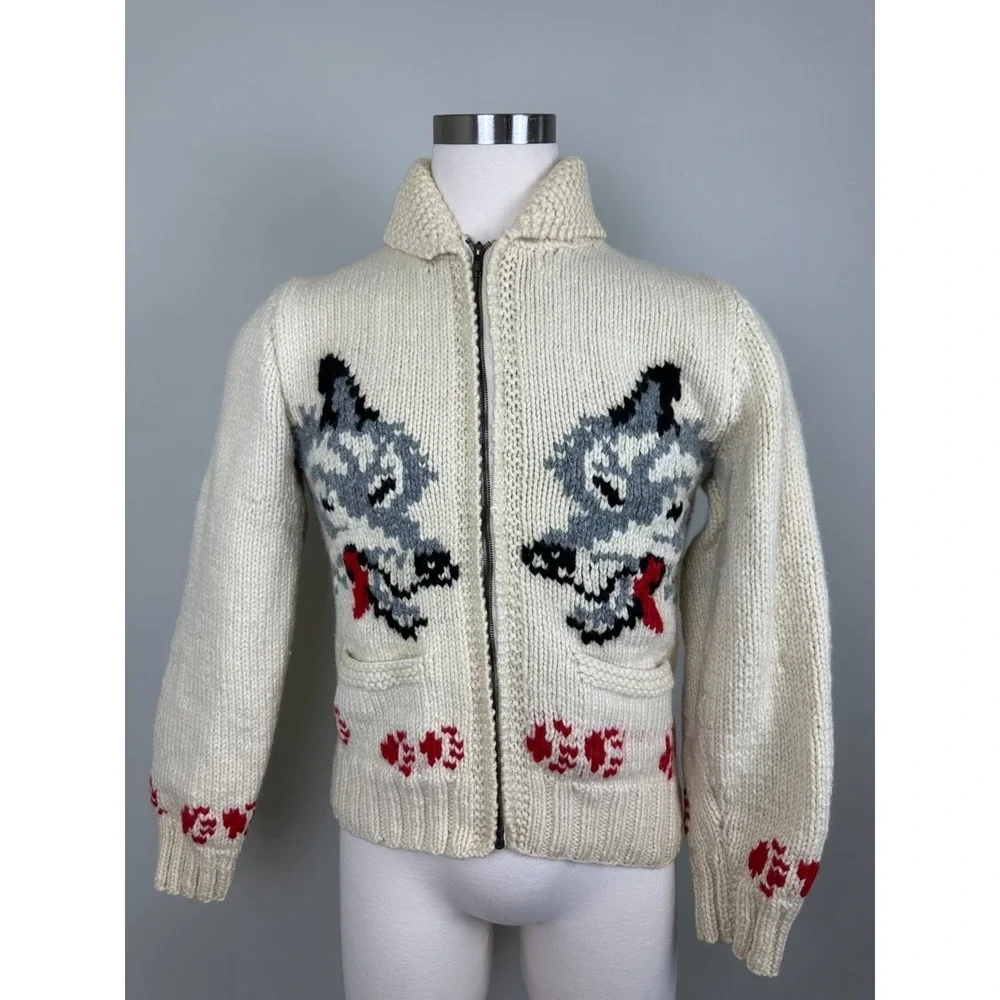 RARE Vintage 1950s Wolf Mary Maxim Cowichan Sweater Wool 100% Large - Picture 1 of 16